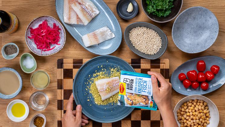 Couscous Bowl mit Fisch und Süßkartoffeln